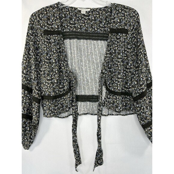 American Eagle Tie Front Top Boho Brown Floral Blouse Sz M Crochet Cottagecore - Picture 3 of 9